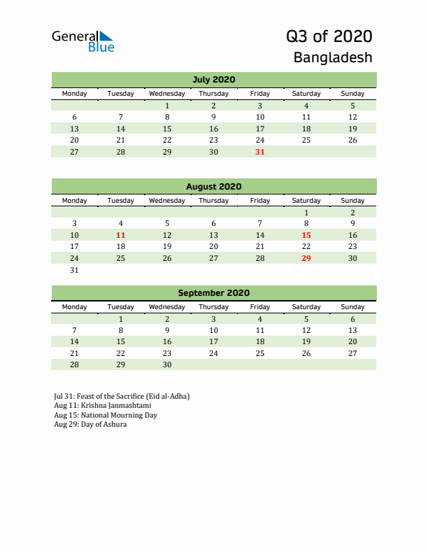 Quarterly Calendar 2020 with Bangladesh Holidays