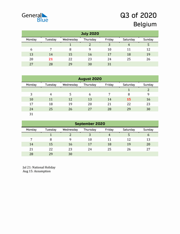 Quarterly Calendar 2020 with Belgium Holidays