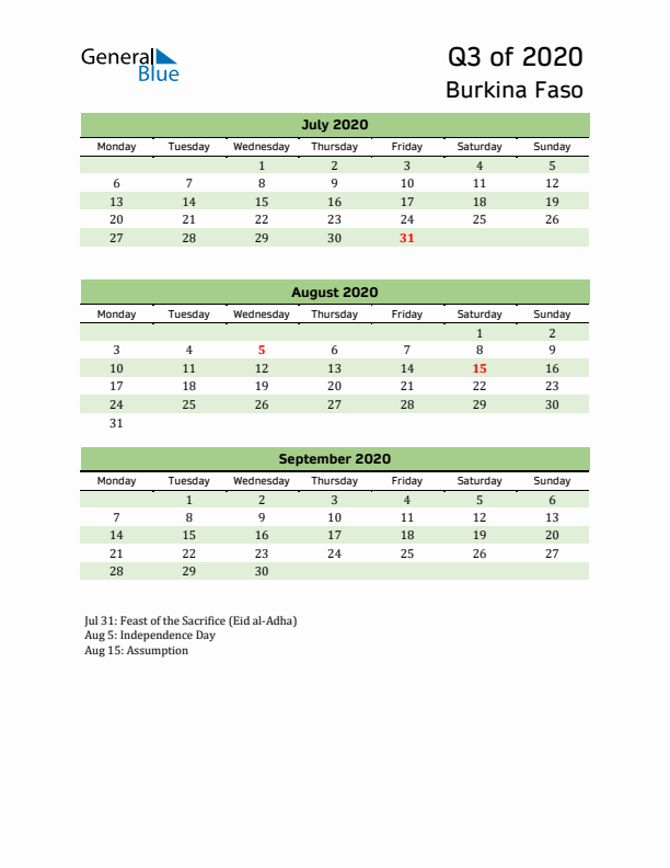 Quarterly Calendar 2020 with Burkina Faso Holidays