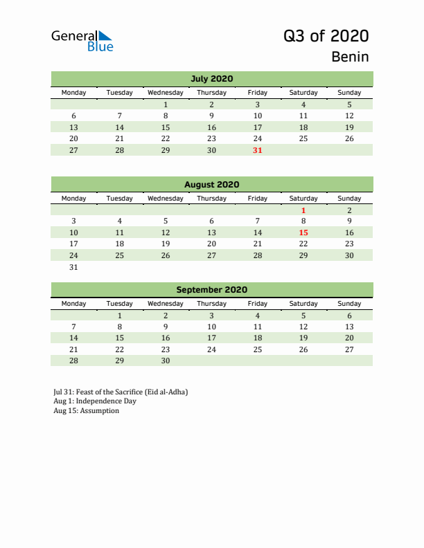 Quarterly Calendar 2020 with Benin Holidays