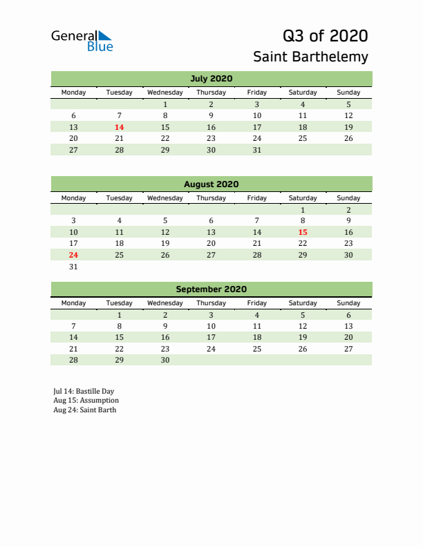 Quarterly Calendar 2020 with Saint Barthelemy Holidays