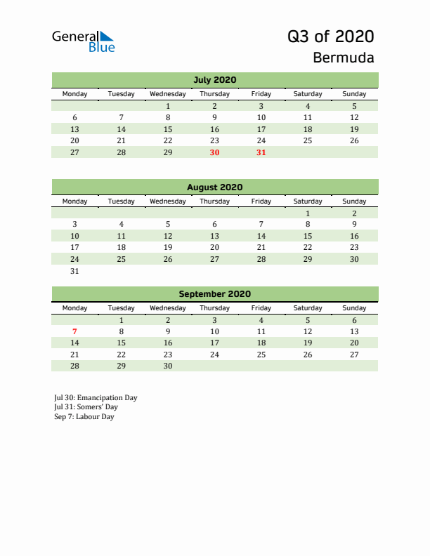 Quarterly Calendar 2020 with Bermuda Holidays