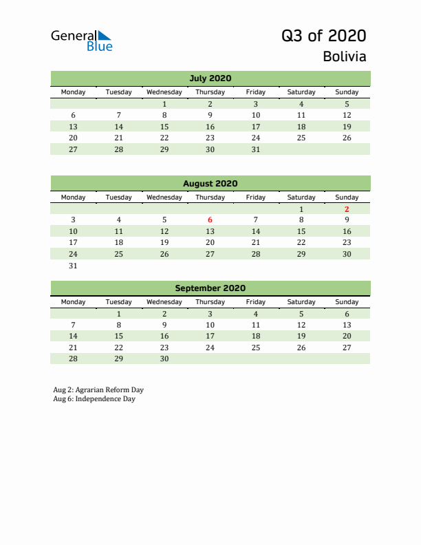 Quarterly Calendar 2020 with Bolivia Holidays