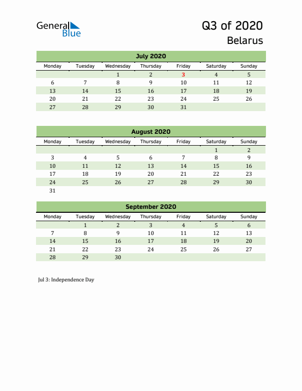 Quarterly Calendar 2020 with Belarus Holidays