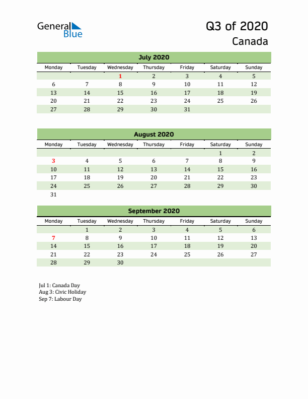 Quarterly Calendar 2020 with Canada Holidays