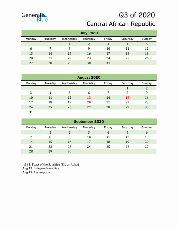 Quarterly Calendar 2020 with Central African Republic Holidays