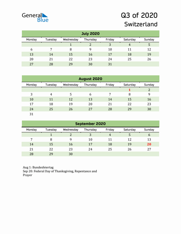 Quarterly Calendar 2020 with Switzerland Holidays