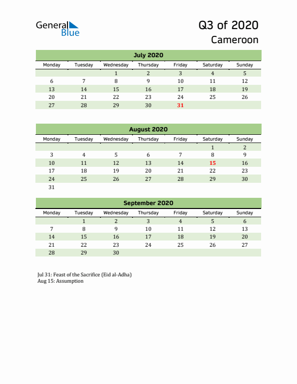 Quarterly Calendar 2020 with Cameroon Holidays