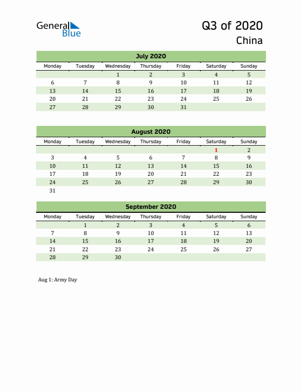 Quarterly Calendar 2020 with China Holidays