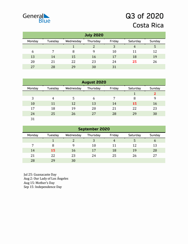 Quarterly Calendar 2020 with Costa Rica Holidays