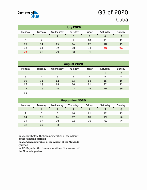 Quarterly Calendar 2020 with Cuba Holidays