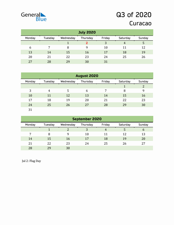 Quarterly Calendar 2020 with Curacao Holidays