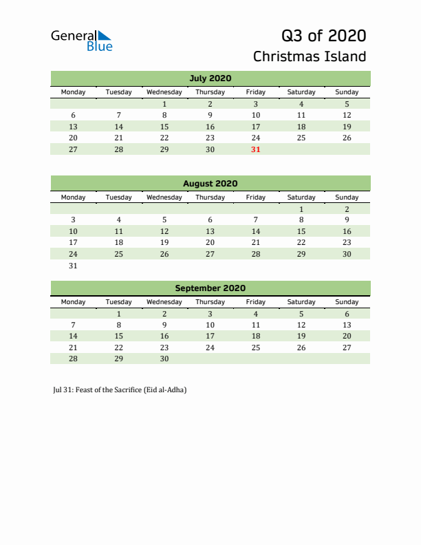 Quarterly Calendar 2020 with Christmas Island Holidays