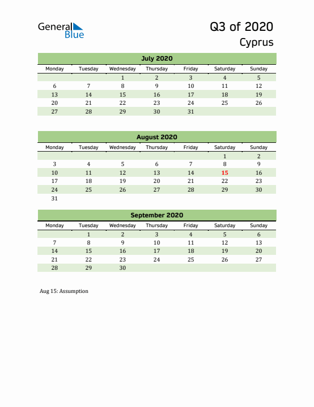 Quarterly Calendar 2020 with Cyprus Holidays