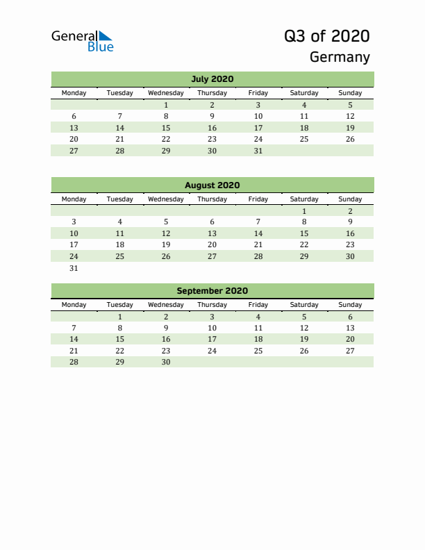 Quarterly Calendar 2020 with Germany Holidays