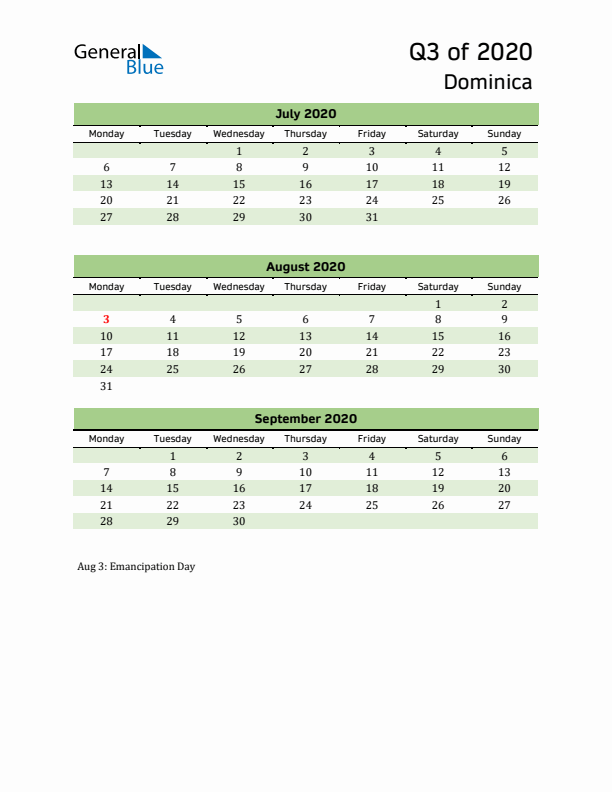 Quarterly Calendar 2020 with Dominica Holidays