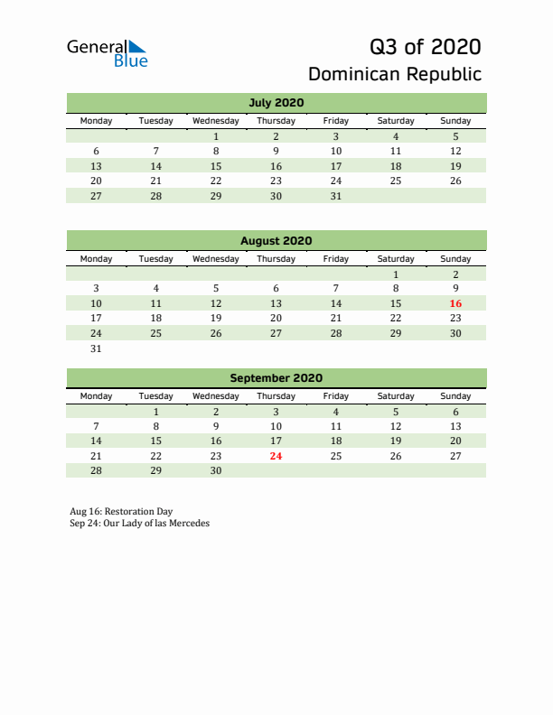 Quarterly Calendar 2020 with Dominican Republic Holidays