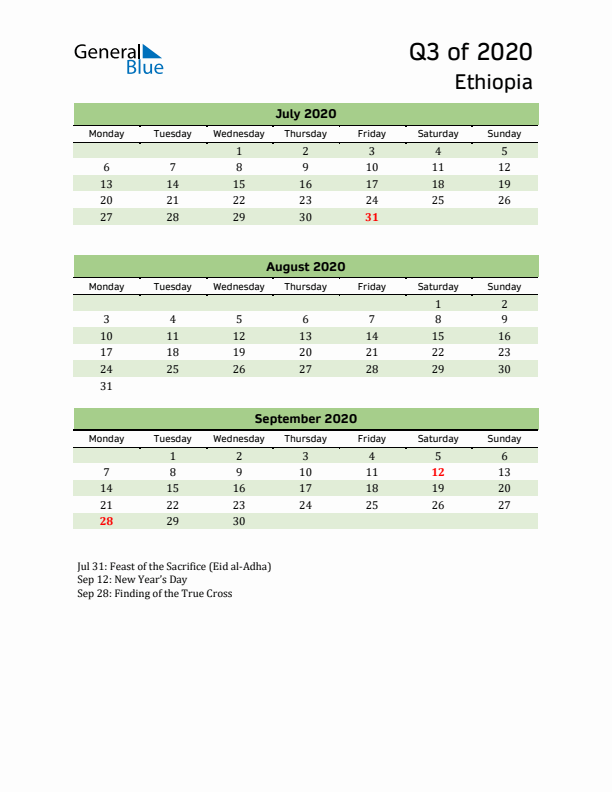 Quarterly Calendar 2020 with Ethiopia Holidays