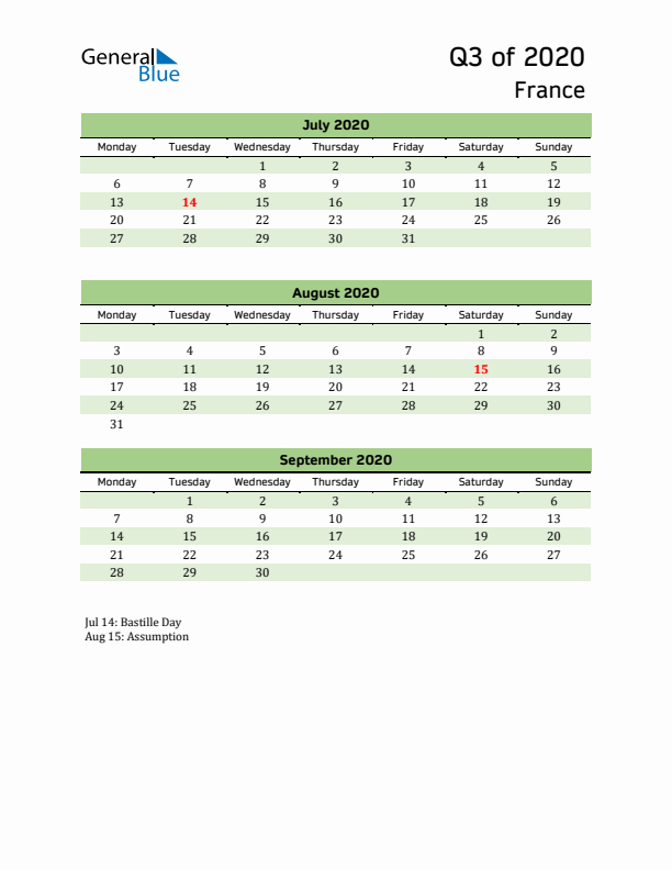 Quarterly Calendar 2020 with France Holidays