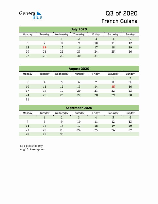 Quarterly Calendar 2020 with French Guiana Holidays