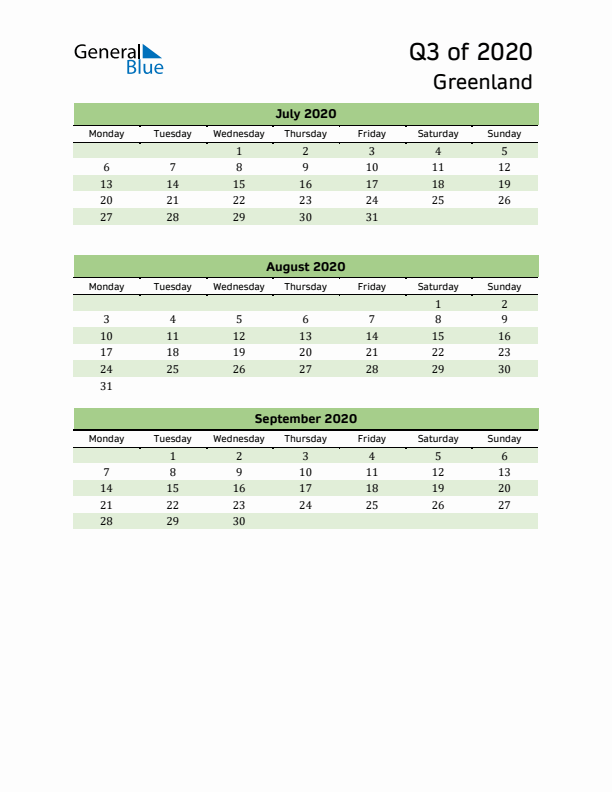 Quarterly Calendar 2020 with Greenland Holidays