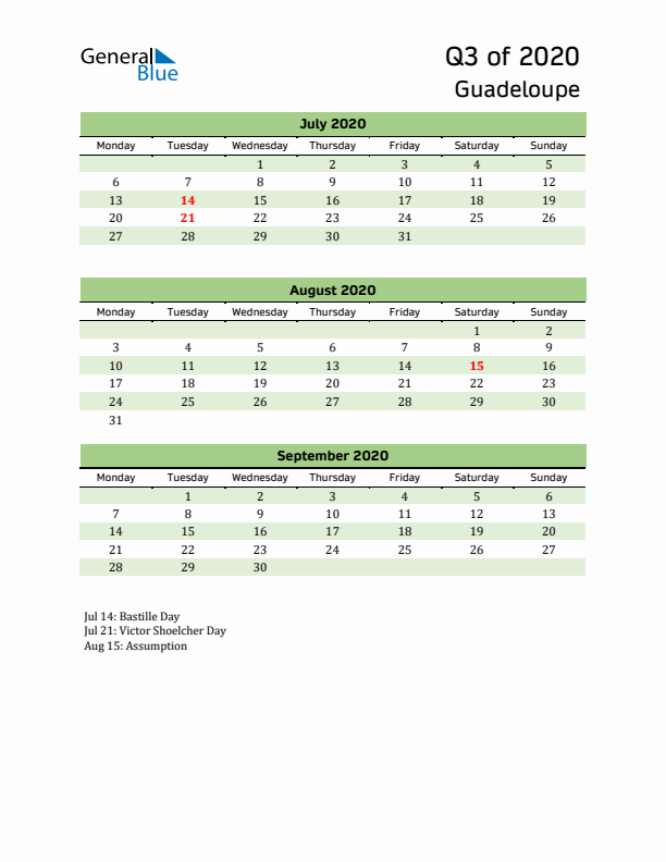 Quarterly Calendar 2020 with Guadeloupe Holidays