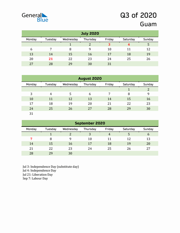 Quarterly Calendar 2020 with Guam Holidays