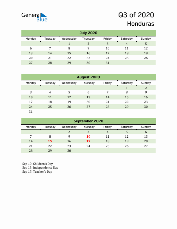 Quarterly Calendar 2020 with Honduras Holidays