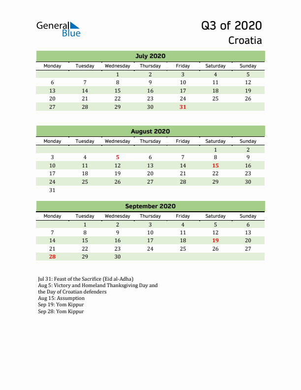 Quarterly Calendar 2020 with Croatia Holidays