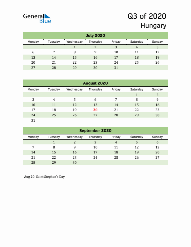 Quarterly Calendar 2020 with Hungary Holidays