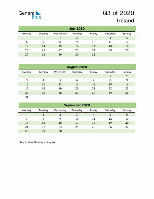 Quarterly Calendar 2020 with Ireland Holidays