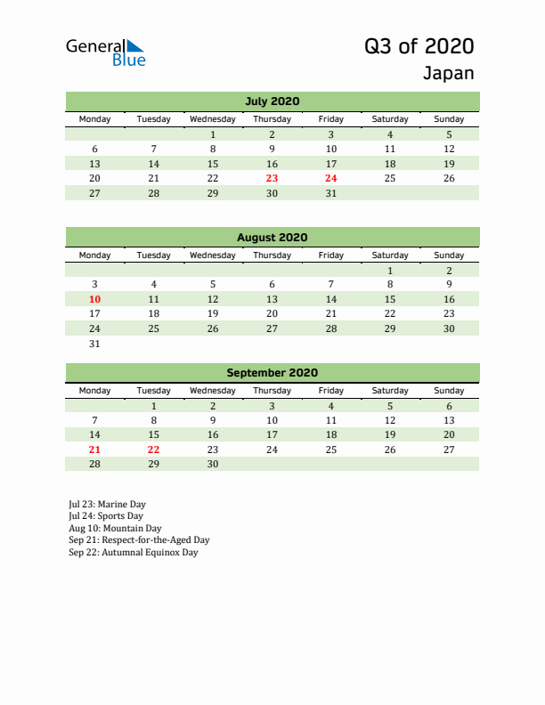 Quarterly Calendar 2020 with Japan Holidays