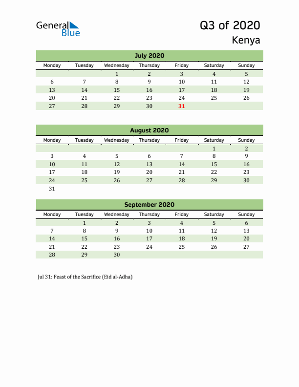 Quarterly Calendar 2020 with Kenya Holidays