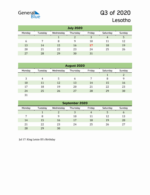 Quarterly Calendar 2020 with Lesotho Holidays