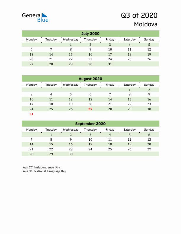 Quarterly Calendar 2020 with Moldova Holidays