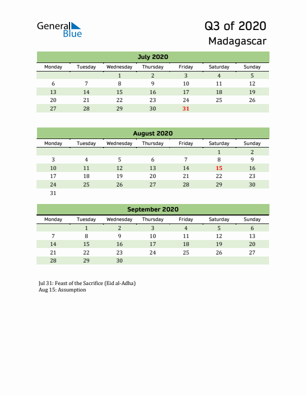 Quarterly Calendar 2020 with Madagascar Holidays