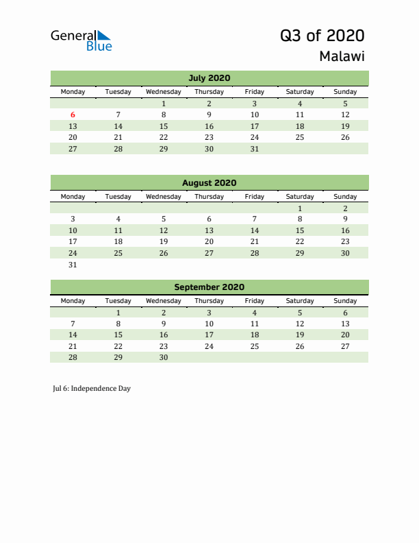 Quarterly Calendar 2020 with Malawi Holidays