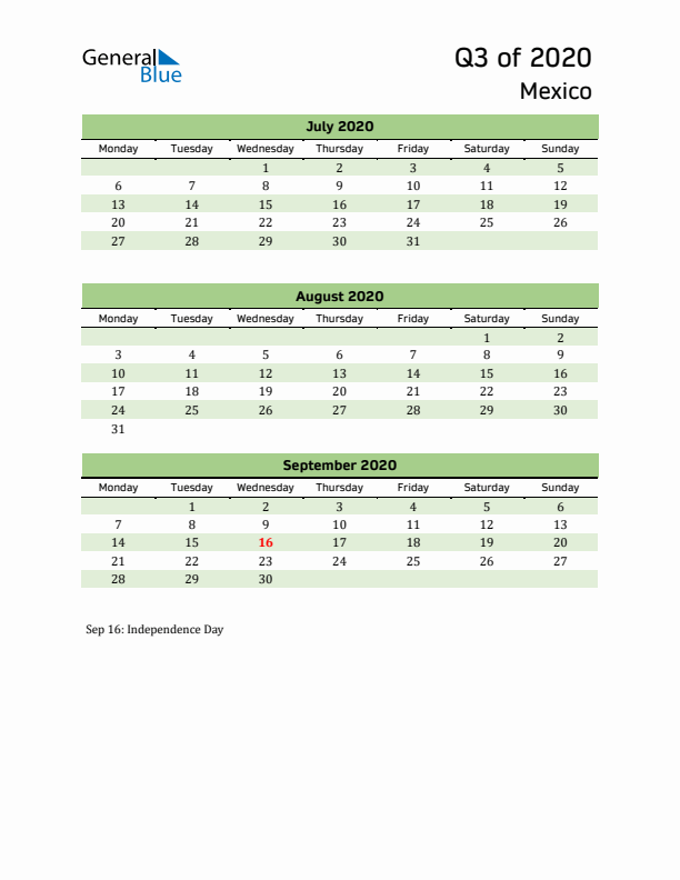 Quarterly Calendar 2020 with Mexico Holidays