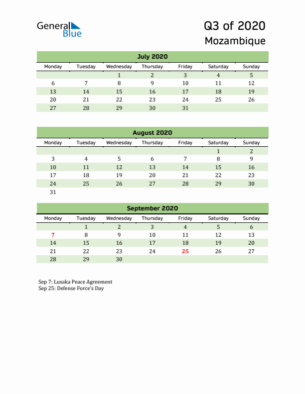 Quarterly Calendar 2020 with Mozambique Holidays