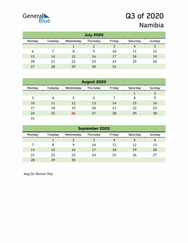 Quarterly Calendar 2020 with Namibia Holidays