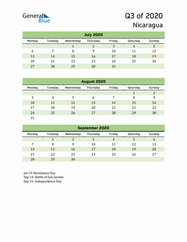 Quarterly Calendar 2020 with Nicaragua Holidays