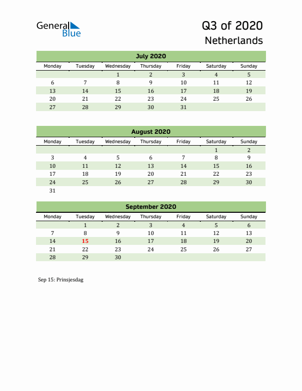 Quarterly Calendar 2020 with The Netherlands Holidays