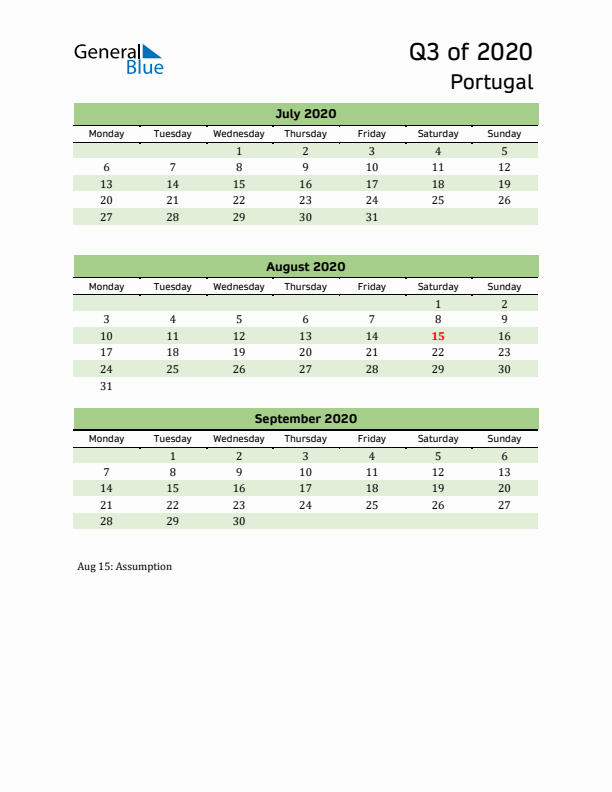 Quarterly Calendar 2020 with Portugal Holidays