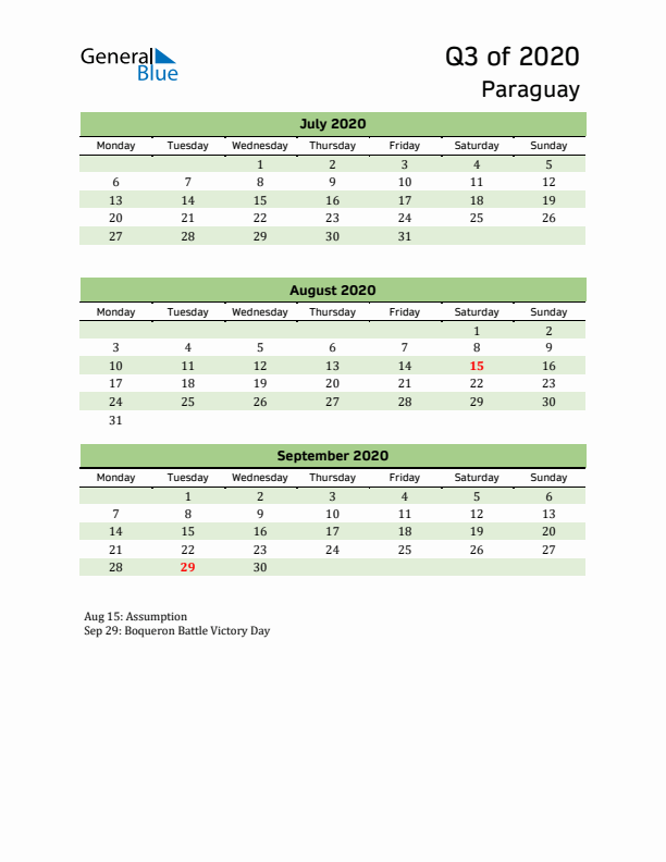 Quarterly Calendar 2020 with Paraguay Holidays