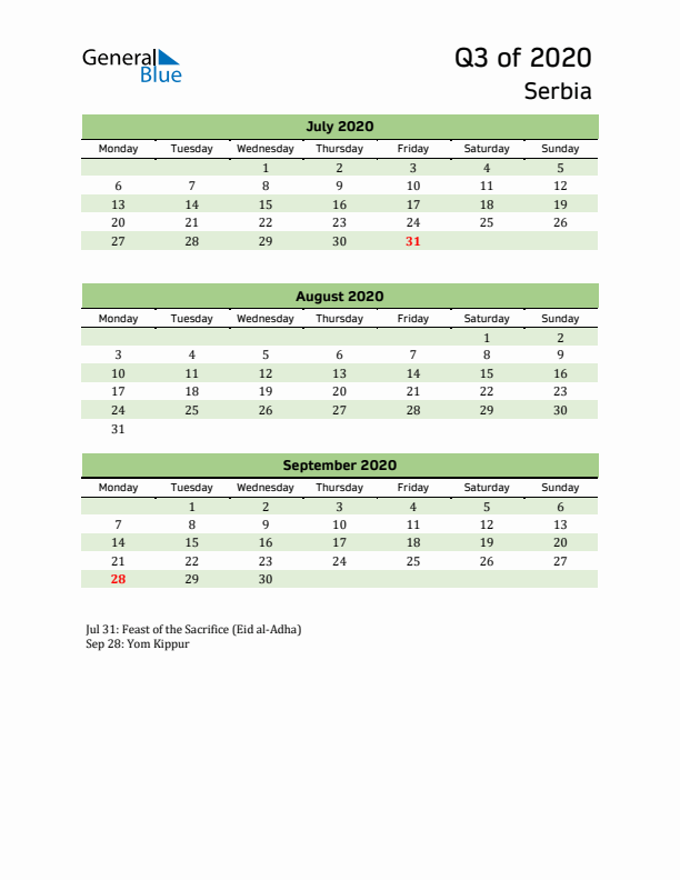 Quarterly Calendar 2020 with Serbia Holidays