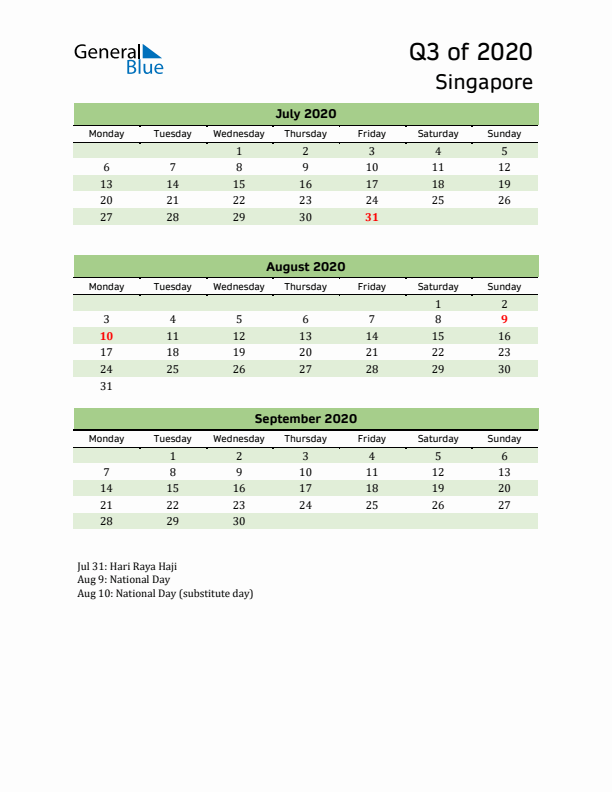 Quarterly Calendar 2020 with Singapore Holidays