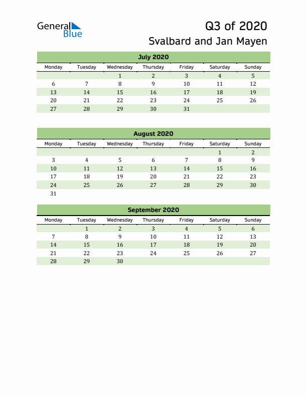 Quarterly Calendar 2020 with Svalbard and Jan Mayen Holidays