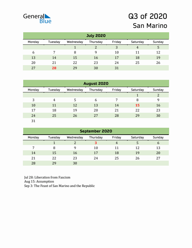 Quarterly Calendar 2020 with San Marino Holidays