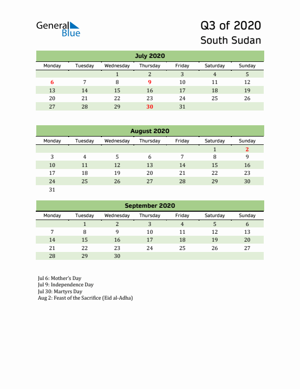 Quarterly Calendar 2020 with South Sudan Holidays