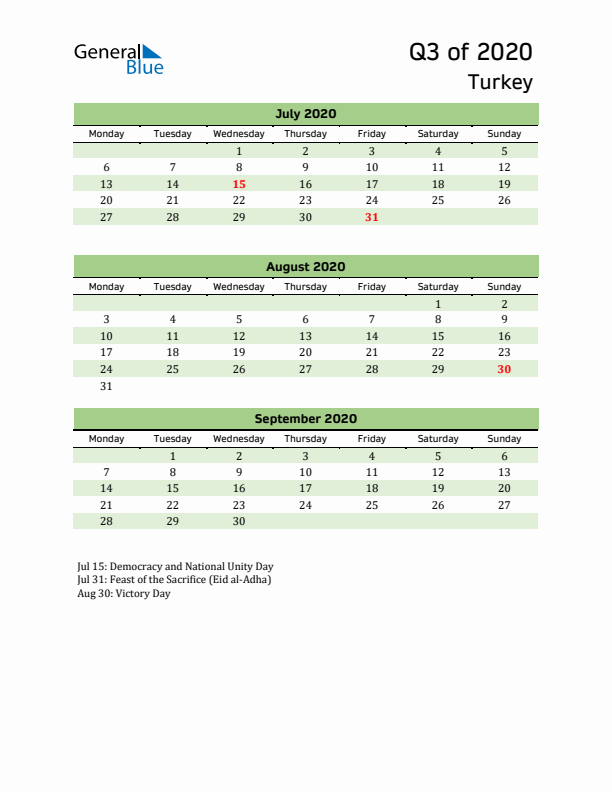 Quarterly Calendar 2020 with Turkey Holidays